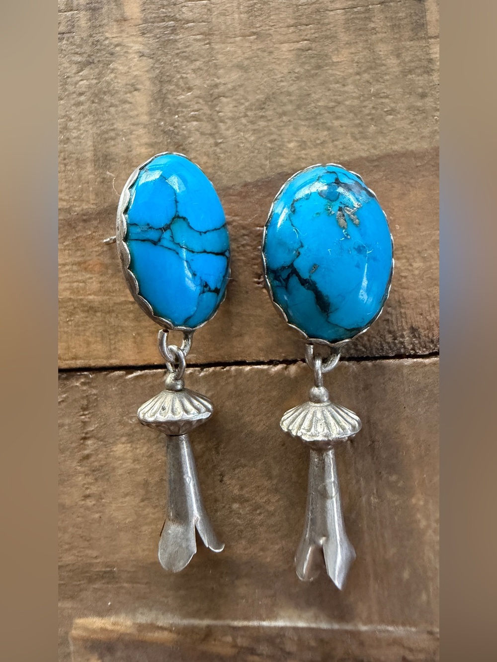 Southwestern Sterling Silver Squash Blossom Earrings Turquoise Color Stones